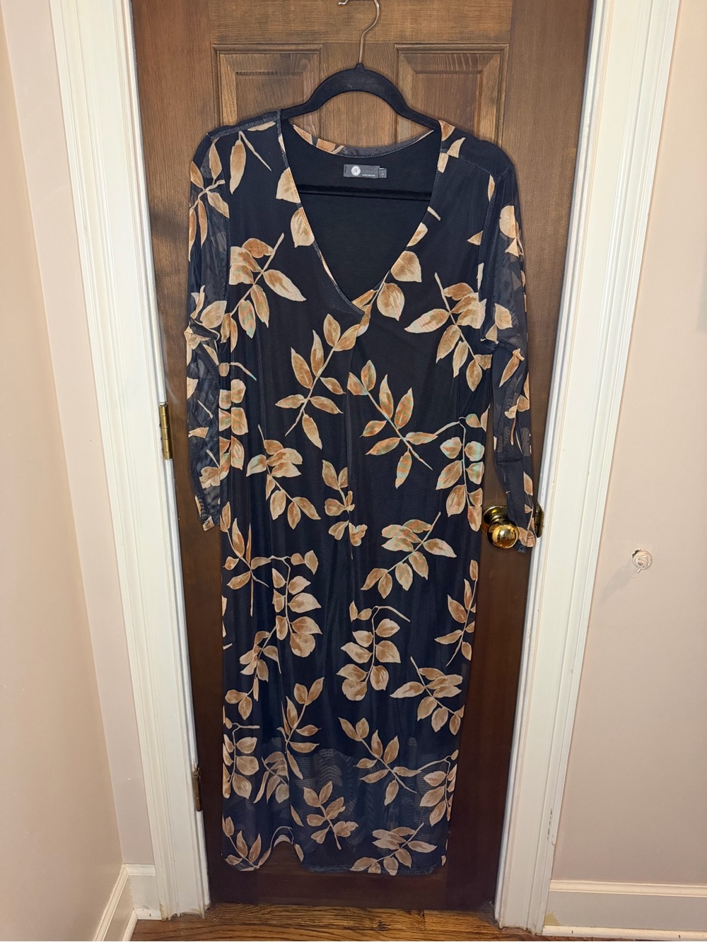M Made in Italy Black Gold Leaf Mesh Maxi Dress Size L